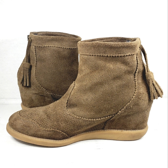 Brusque Tan Light Brown Suede Leather Ankle Boots With Tassels. Women's Size 7.5 - Picture 7 of 11
